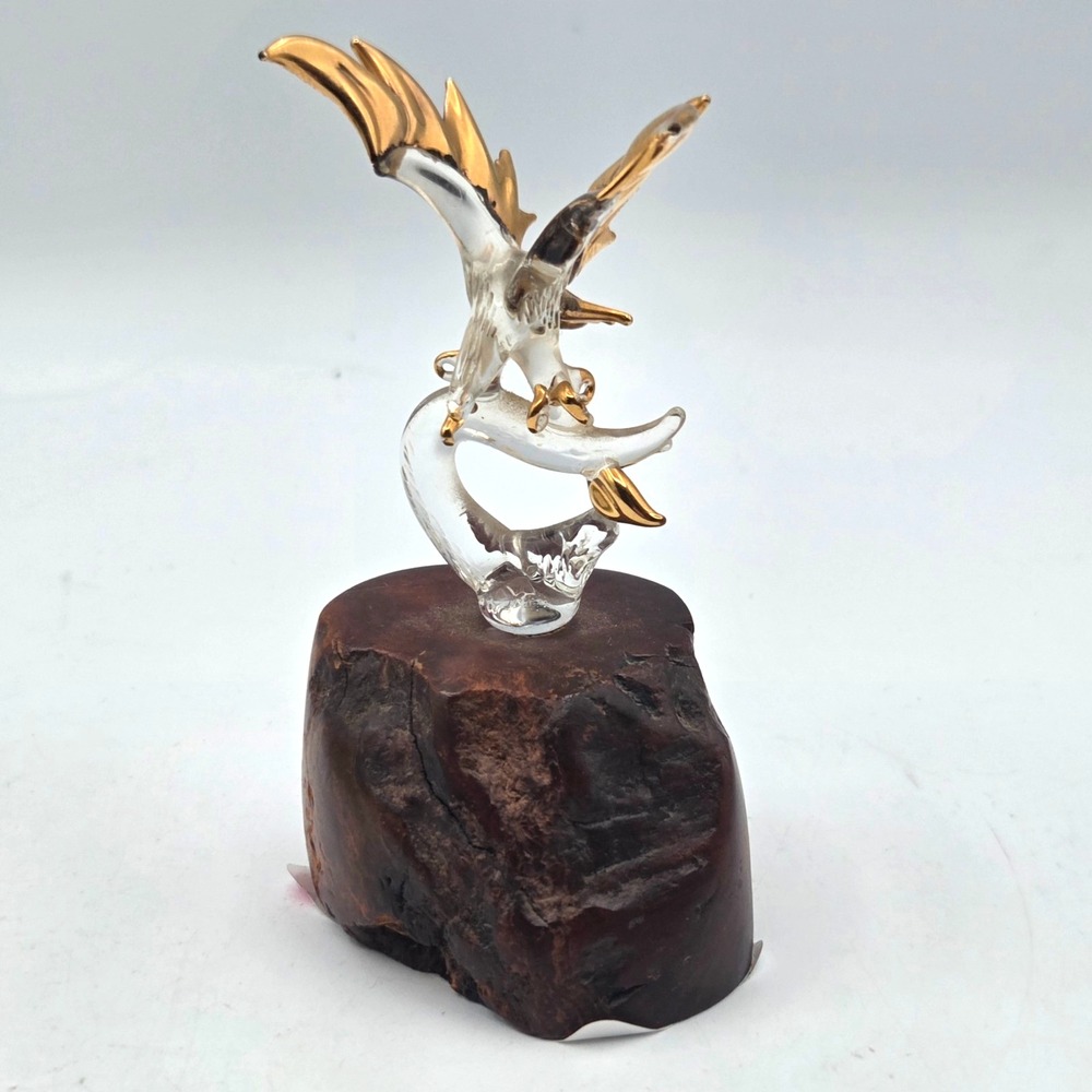 Glass Baron Bald Eagle 22 KT Gold Tipped Wings On Burl Wood Base 4.5" VINTAGE - Picture 5 of 9